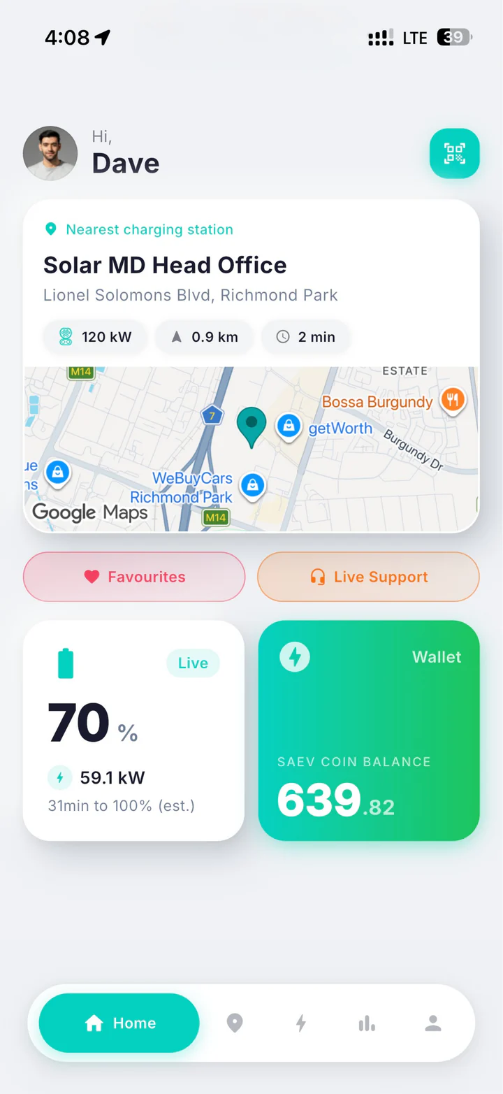 The SAEV Charge app home screen: the nearest station, a live session at 70% and the SAEV Coins wallet