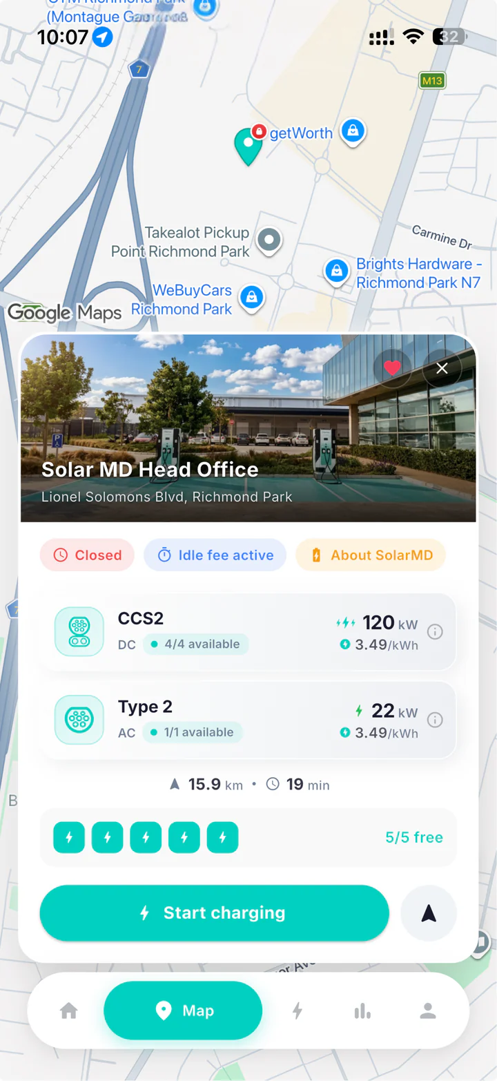 The app map: SolarMD Head Office with its CCS2 and Type 2 connectors, their availability and the Start charging button