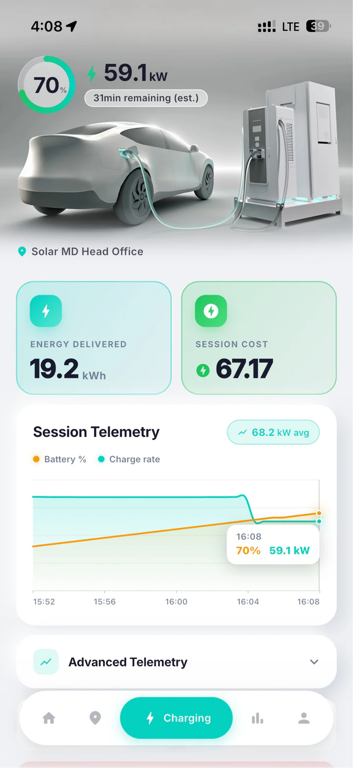 A live session in the app: 70% at 59.1 kW, 31 minutes remaining, the energy delivered and the session cost