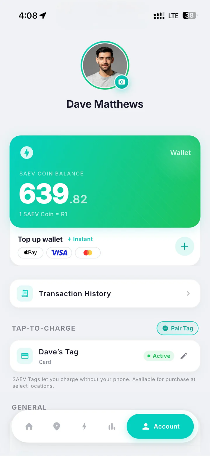 The app account screen: the SAEV Coins wallet, top-up options, transaction history and a paired tag