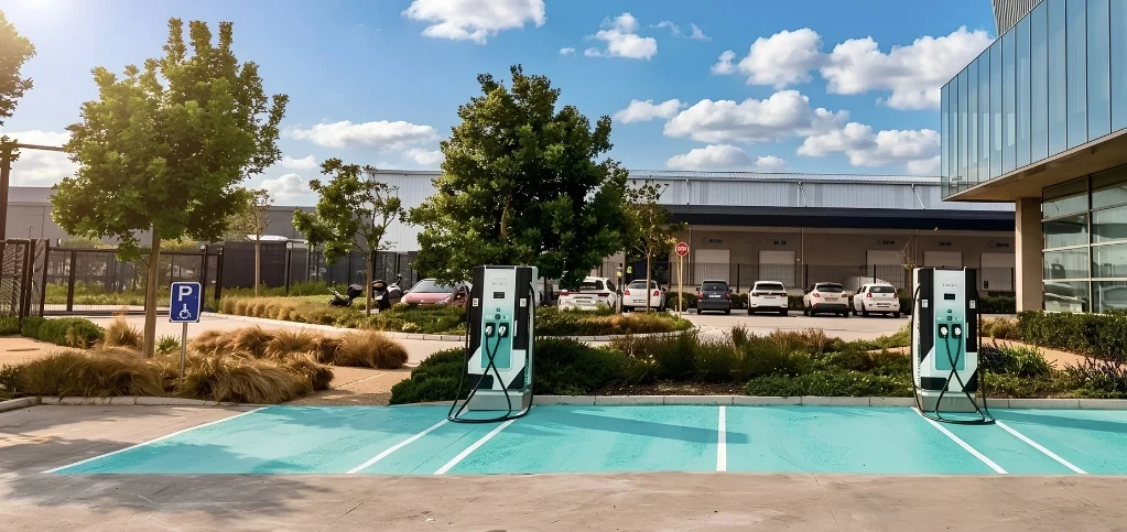 Two SAEV Charge stations in the car park at SolarMD Head Office, Richmond Park, Cape Town