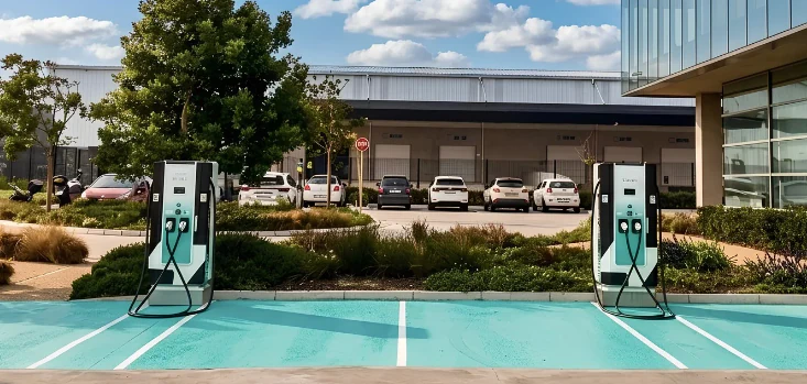 Two SAEV Charge stations in the car park at SolarMD Head Office, Richmond Park, Cape Town