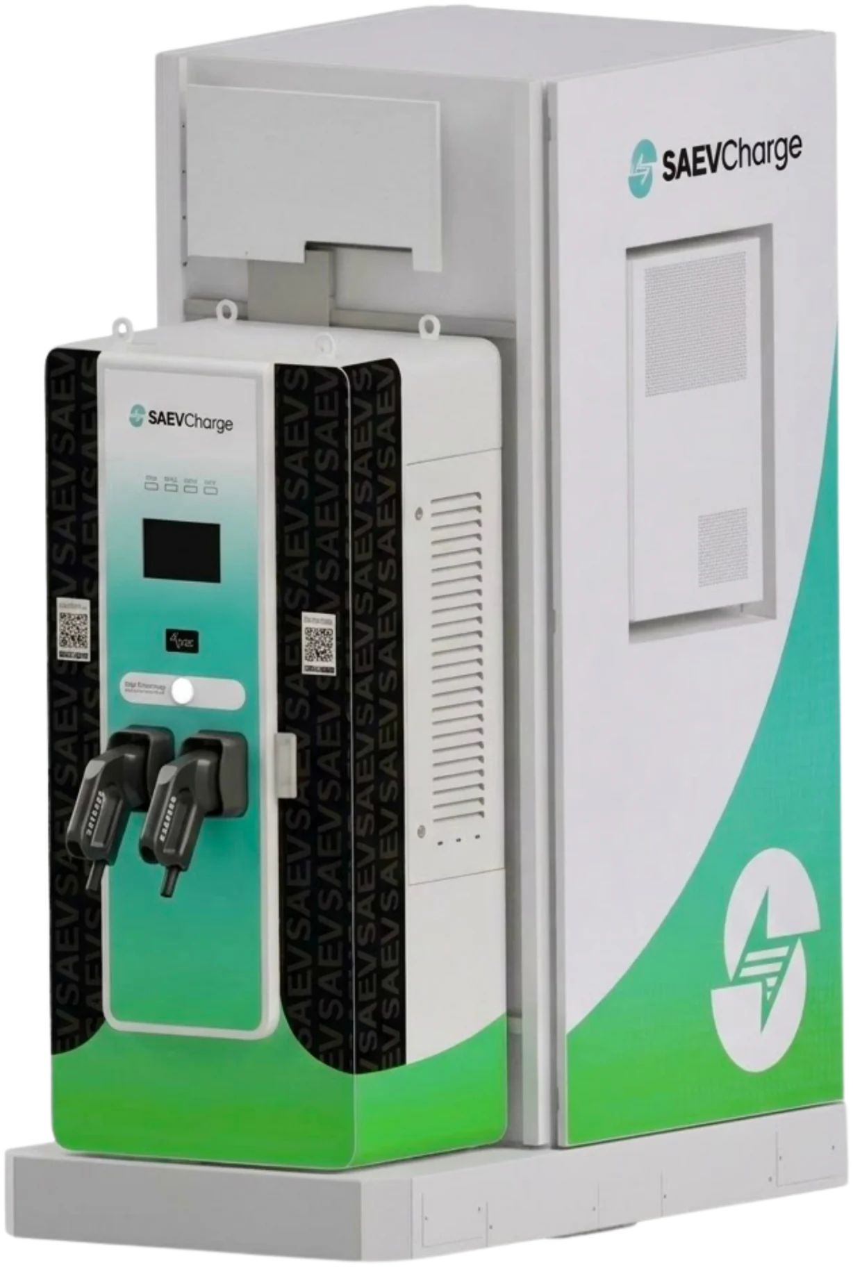 The SAEV Charge station: a SolarMD battery cabinet with a two-bay DC fast charger
